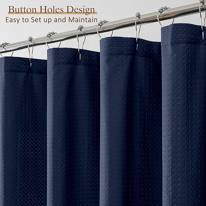 Ebesto Extra Long Navy Blue Shower Curtain 96 Inch Long 1 Piece, Waffle Embossed Textured Fabric Shower Curtain for Bathroom Large Hotel, Water Resistant, Machine Washable, 72Wx96L Inches