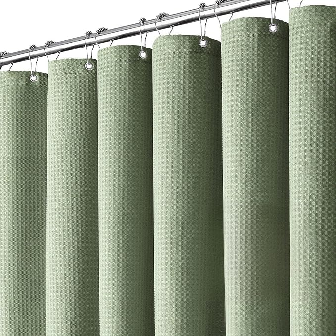 Inhousolu Fabric Shower Curtain Waffle Weave, Sage Green 230 GSM Heavy Duty, Weighted Hem, 14 Metal Hooks, Water Repellent, Machine Washable, Hotel Spa Luxury Bath Curtain Set, 72 x 72 Inch