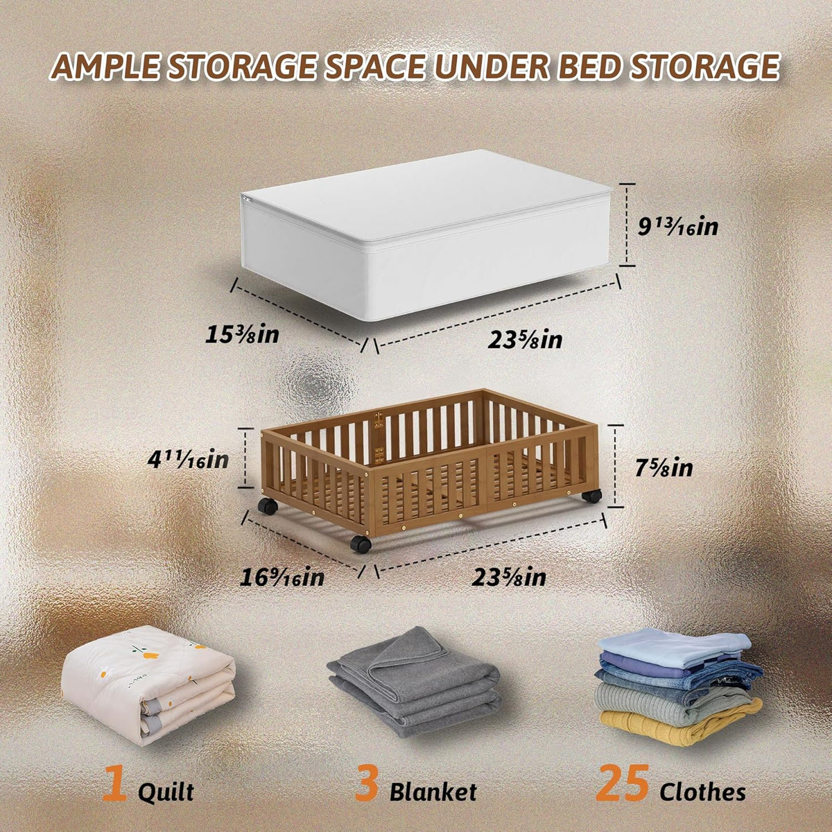 Under Bed Storage Containers with Wheels, 2 Pack Bamboo Under the Bed Shoe Storage Bins, Wood Rolling Underbed Drawers Organizer for Bedroom, Closet Clothes Blanket Comforter Under Crib Toy Walunt