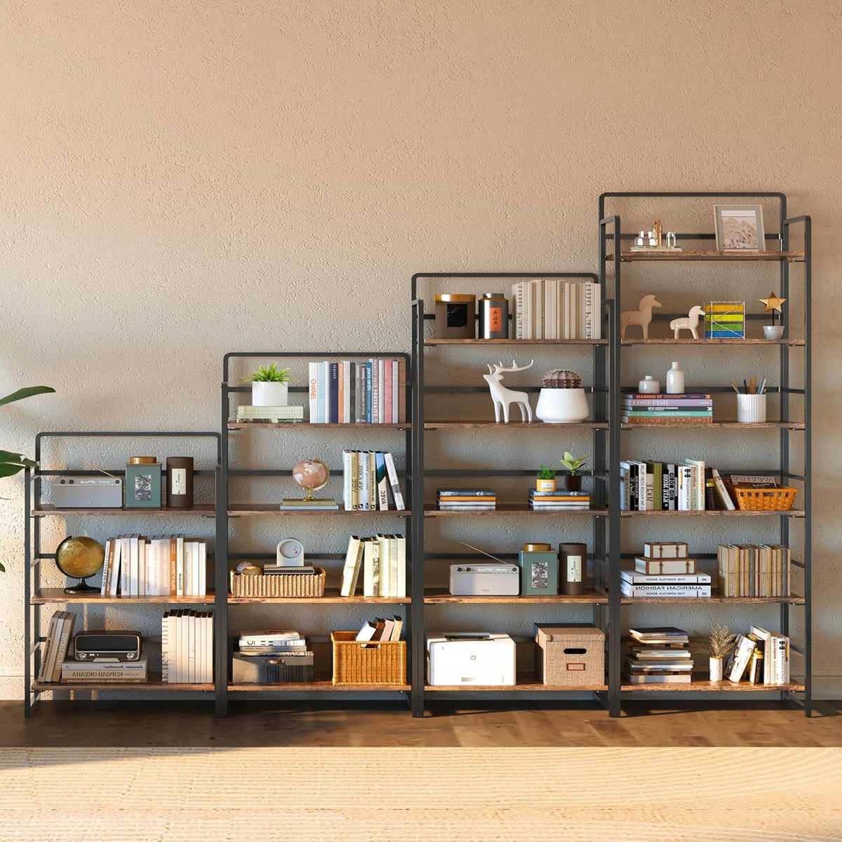4NM No Assembly 6 Tiers Folding Bookshelf Storage Shelves Vintage Bookcase Standing Racks Study Organizer Home Office (Rustic Brown Black)