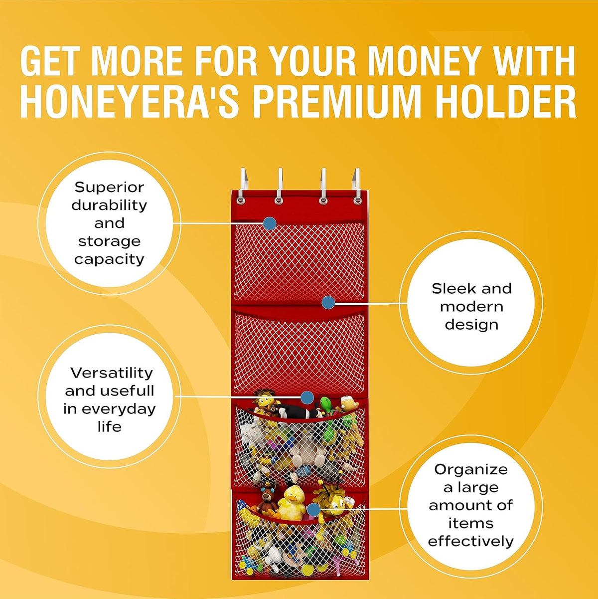 Honeyera Storage for Stuffed Animal - Over Door Organizer for Stuffies, Baby Accessories, and Toy Plush organizer/Easy Installation with Breathable Hanging Storage Pockets (SuperHero Red)