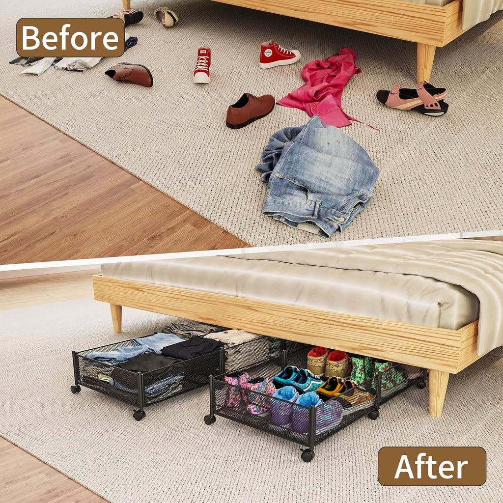 47.2'' Long Under Bed Storage on Wheels, 57.6L Large Capacity Rolling Under the Bed Storage Containers, Tool-Free Assembly Foldable Underbed Shoes Clothes Toy Drawers