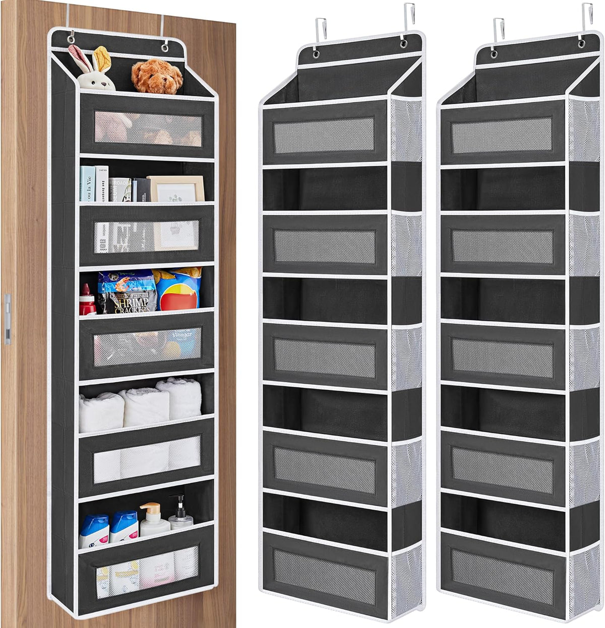 JARLINK 2 Pack Over The Door Organizer Storage, 5 Shelf Hanging Door Organizer with 5 Large Capacity Pockets, Anti Tilt 44 lb Load Behind Door Storage for Bedroom, Bathroom, Pantry, Nursery, (Black)