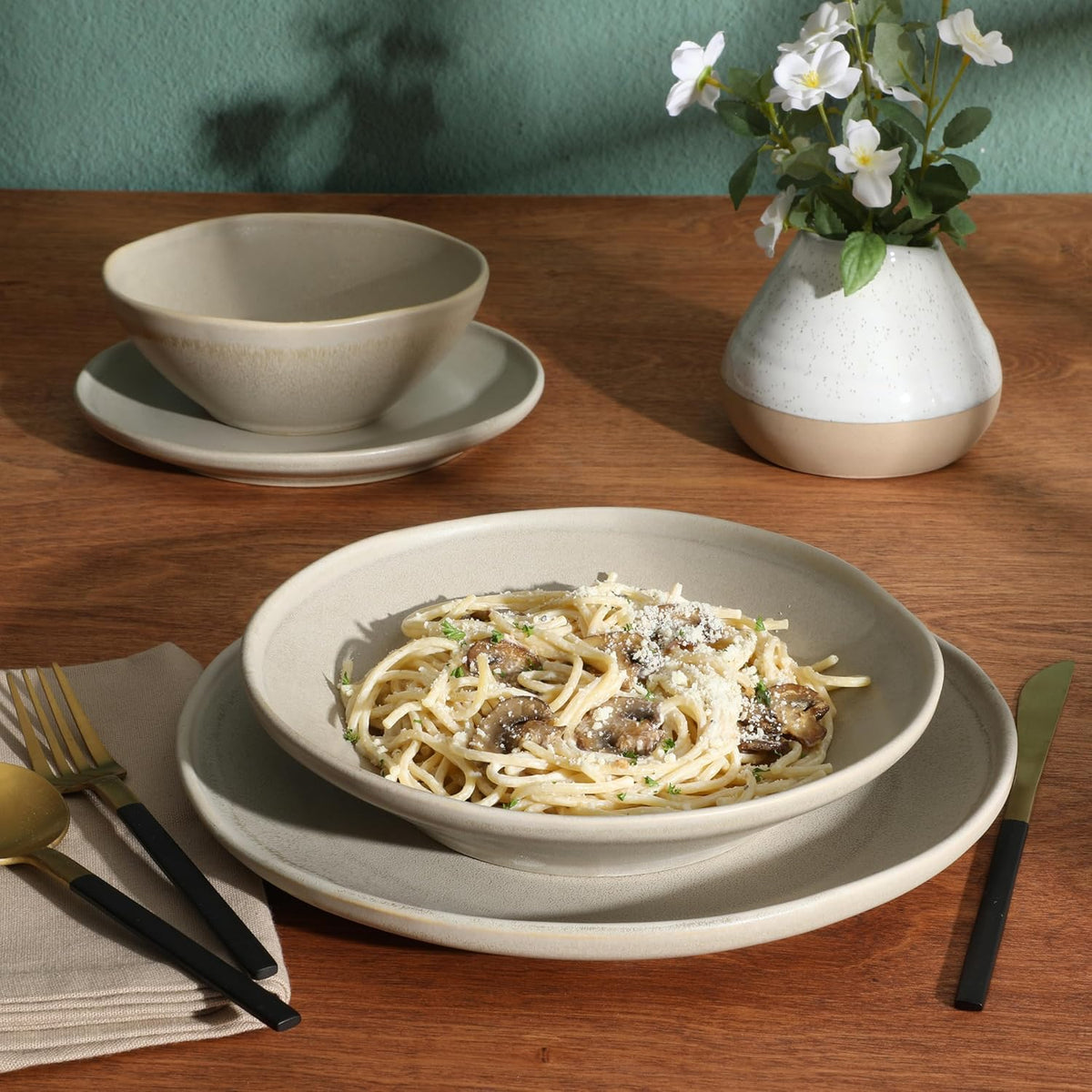 Gibson Elite Island Cove 16 Piece (Service for 4) Plates and Bowls Reactive Glaze Organic Round Dishes Stoneware Ceramic Dinnerware Set -Light Grey