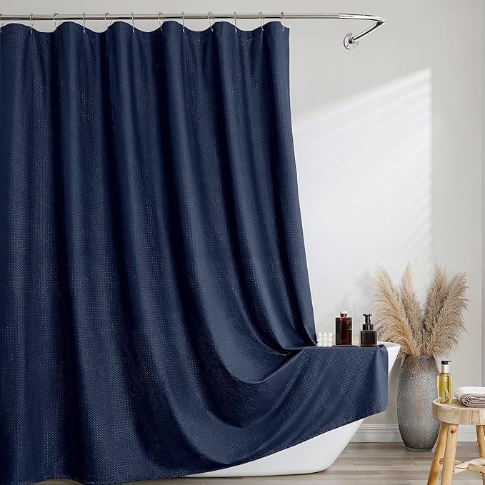 Ebesto Extra Long Navy Blue Shower Curtain 96 Inch Long 1 Piece, Waffle Embossed Textured Fabric Shower Curtain for Bathroom Large Hotel, Water Resistant, Machine Washable, 72Wx96L Inches