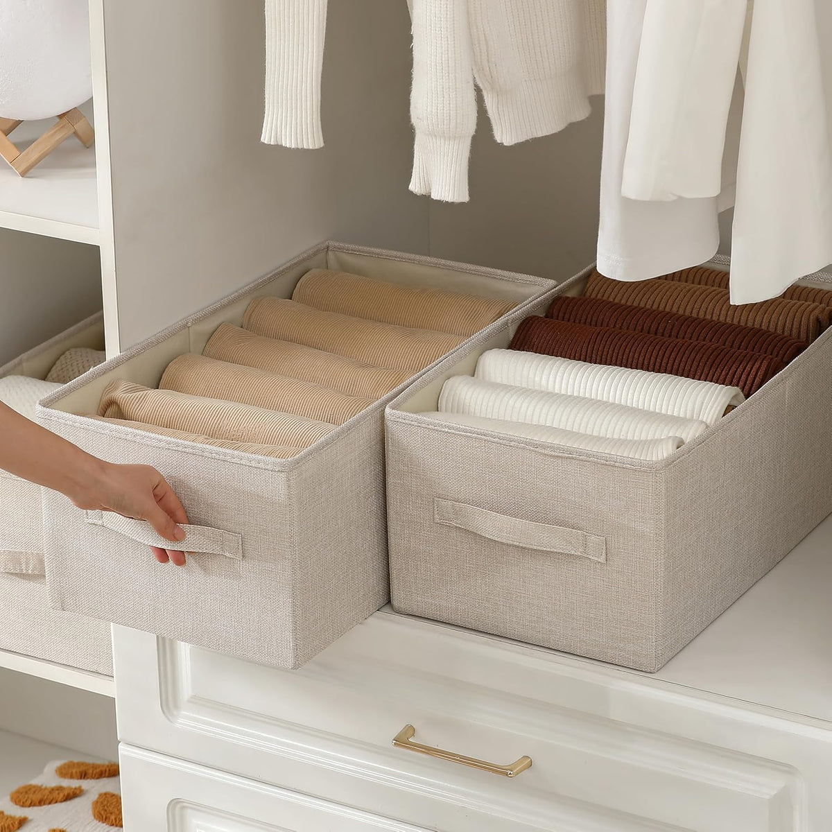 Linen Folding Storage Bins, 3 Pack Large Storage Baskets, Washable, Clothing Storage Bins with Handle, Closet Organizer for Storage Sweater,Sheets(Beige, 18½"x11" x8½")