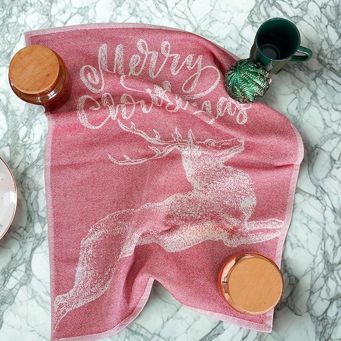 sea me at home Christmas Tea Towel Set of 4-100% Cotton Jacquard Kitchen Towels, Festive Dish Towels for Christmas Decor, Perfect Hostess Gift (Merry Christmas)