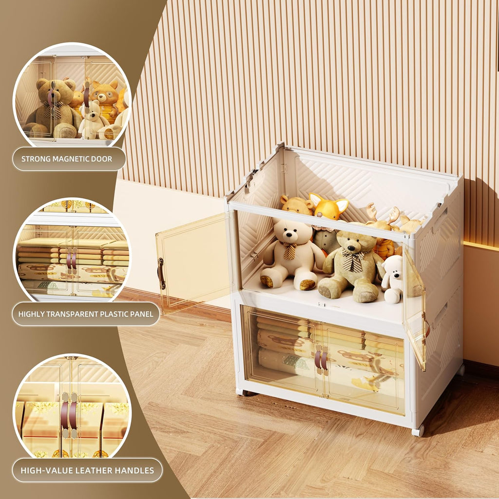 208 QT / 52 Gal Stackable Collapsible Storage Bins with Magnetic Doors & Wheels - Space-Saving Plastic Organizer Cabinet for Closet, Office, Home (White)