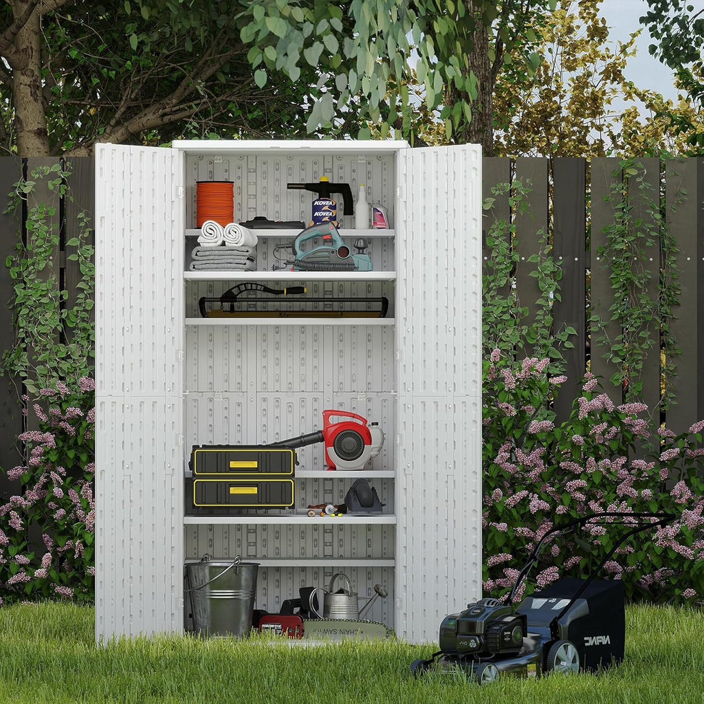 Outdoor Storage Cabinet with 4 Shelves,31.5" x 23.23" x 66.22" White Waterproof Shed,Waterproof Resin Vertical Tool Shed, Lockable 30 cu.ft. Storage Shed for Patio, Garden, Yard, White