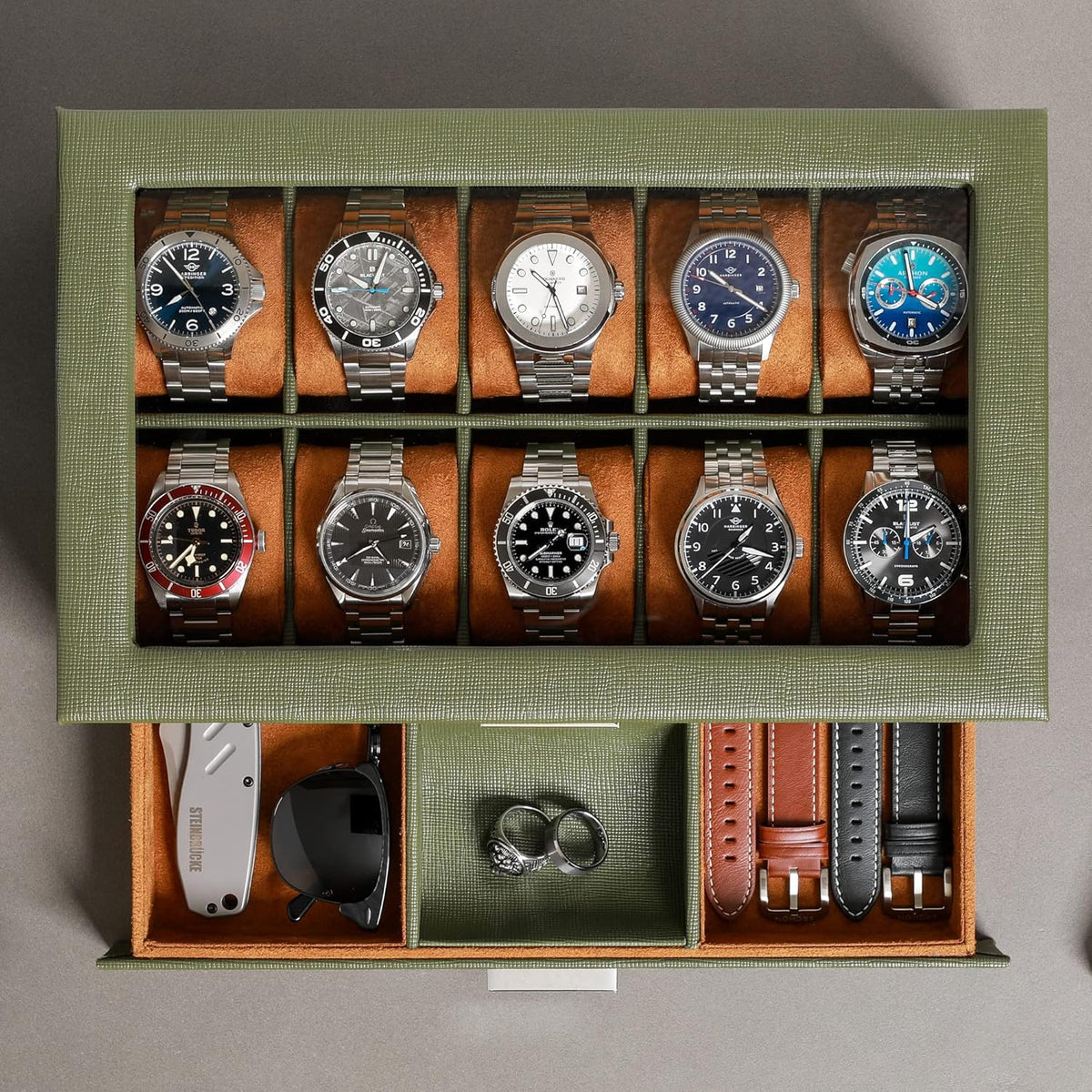 ROTHWELL 10-Slot Watch Box in Leather with Valet Drawer, Luxury Watch Case Display Organizer with Ultra Soft Microsuede Liner, Jewelry and Sunglass Holder With Large Glass top (Green/Tan)