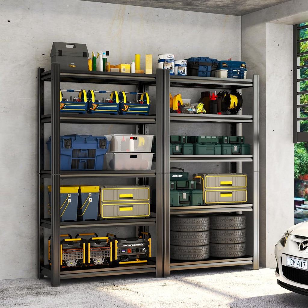 Storage Shelves, Garage Metal Shelving Unit, Adjustable, Double-Layer Column with Reinforced Ribs, Heavy-Duty, Capable of Bearing 600-3600 lbs (Black, 77 * 45 * 18, 5-Tier)
