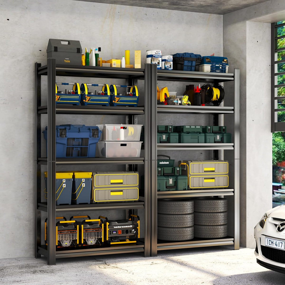 Storage Shelves, Garage Metal Shelving Unit, Adjustable, Double-Layer Column with Reinforced Ribs, Heavy-Duty, Capable of Bearing 600-3600 lbs (Black, 77 * 45 * 18, 5-Tier)