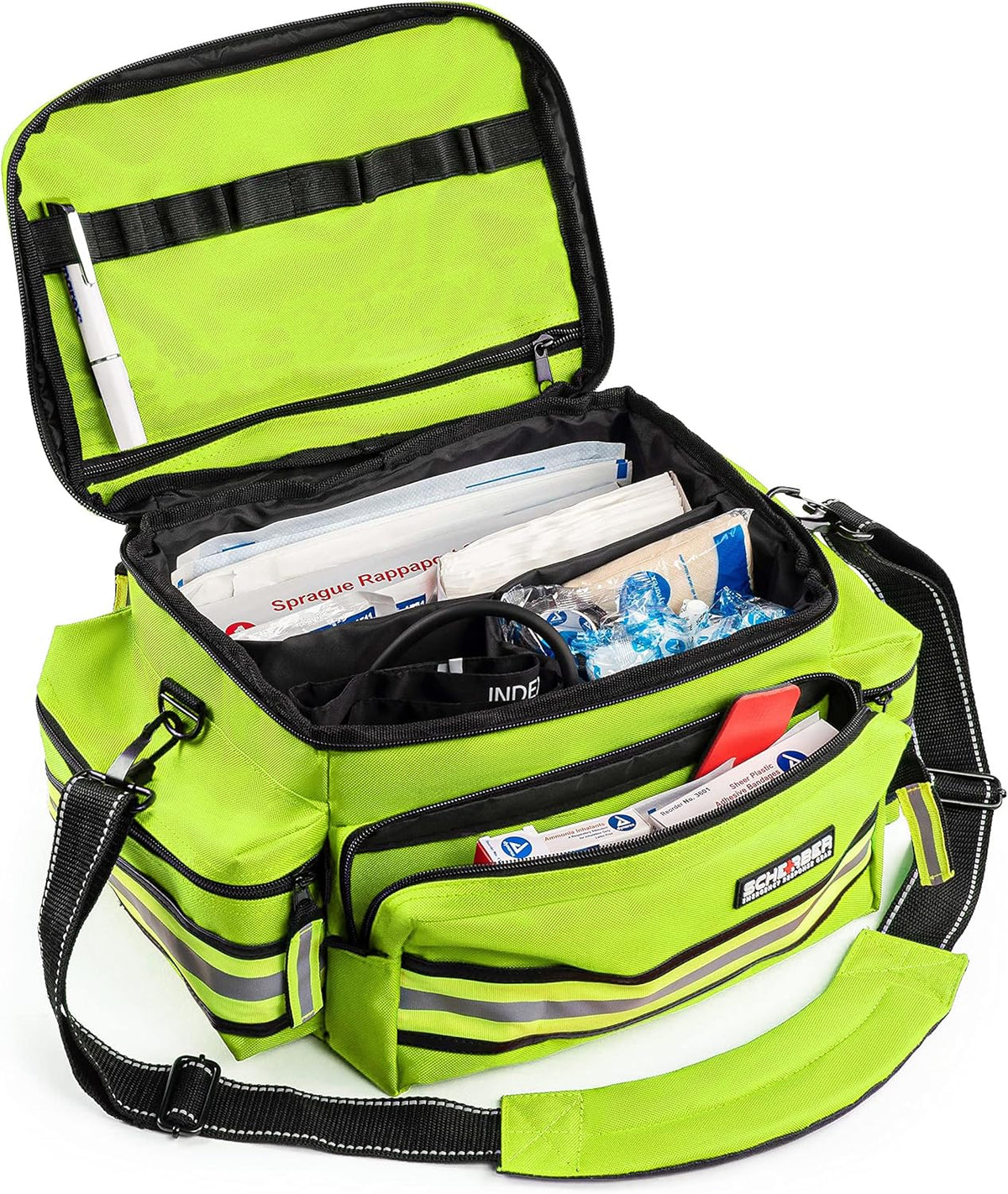 Scherber First Responder Fully-Stocked Professional Essentials EMT/EMS Trauma Kit | HSA/FSA Approved | Reflective Bag w/8 Zippered Pockets & Compartments & 200+ First Aid Supplies - Yellow