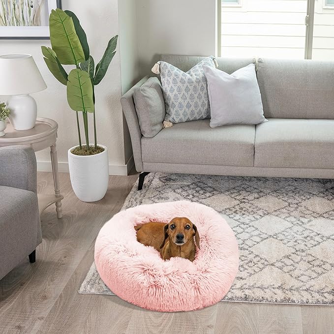 Best Friends by Sheri Original Calming Donut Dog and Cat Bed, Shag Faux Fur, Cotton Candy Pink, (23in x 23in) - Anxiety Relief for Pets Up to 25 lbs