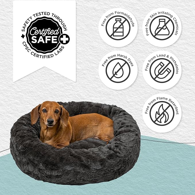 Best Friends by Sheri Original Calming Donut Dog and Cat Bed, Lux Faux Fur, Mink Dark Gray, (23in x 23in) - Anxiety Relief for Pets Up to 25 lbs