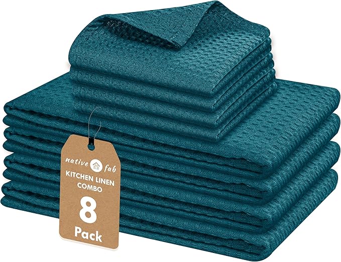 Native Fab 100% Cotton Dish Towel & Dishcloths Set - 8 Piece Set, Soft, Absorbent, Fast Drying, Durable Towels for Cleaning, Baking, Cooking - Great for Home, Kitchen & Restaurant Use - Teal Green