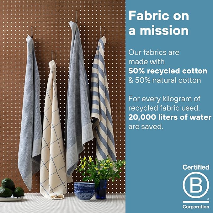 MEEMA Kitchen Towels and Dishcloths Sets of 4 | Large 18 x 28 Inch | Upcycled Cotton Tea Towel | Super Absorbent Cotton Dish Towels for Kitchen | Blue Stripes | Hand Towels