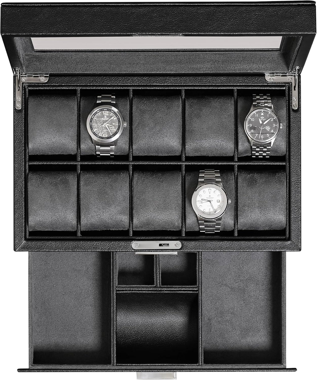 ROTHWELL 10-Slot Watch Box in Leather with Valet Drawer, Luxury Watch Case Display Organizer with Ultra Soft Microsuede Liner, Jewelry and Sunglass Holder With Large Glass top (Black/Grey)