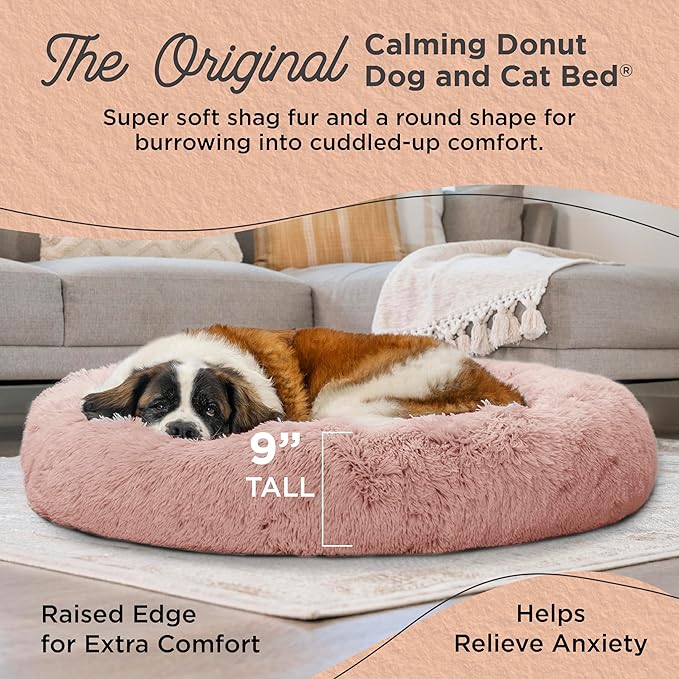Best Friends by Sheri Original Calming Donut Dog and Cat Bed, Shag Faux Fur, Dusty Rose, XL (45in x 45in) - Anxiety Relief for Pets Up to 150 lbs