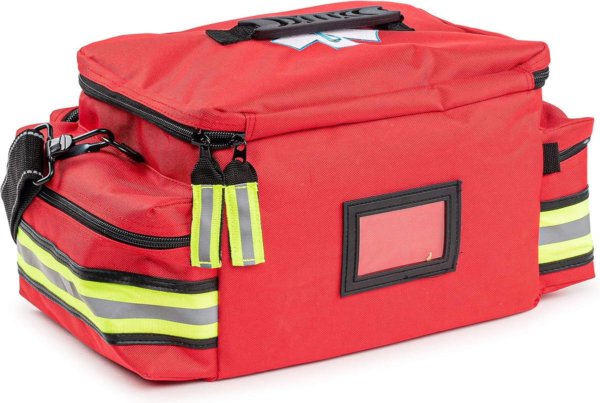 Scherber First Responder Fully-Stocked Professional Essentials EMT/EMS Trauma Kit | HSA/FSA Approved | Reflective Bag w/8 Zippered Pockets & Compartments & 200+ First Aid Supplies - Red