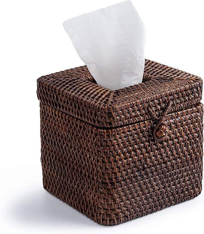 Rattan Square Tissue Box Cover- 5.7" x 5.7" x 5"-Decorative Woven Facial Tissue Holder with Hinged Top Lid- Facial Box for Home, Office,Bathrooms, Decoration (Coffee)