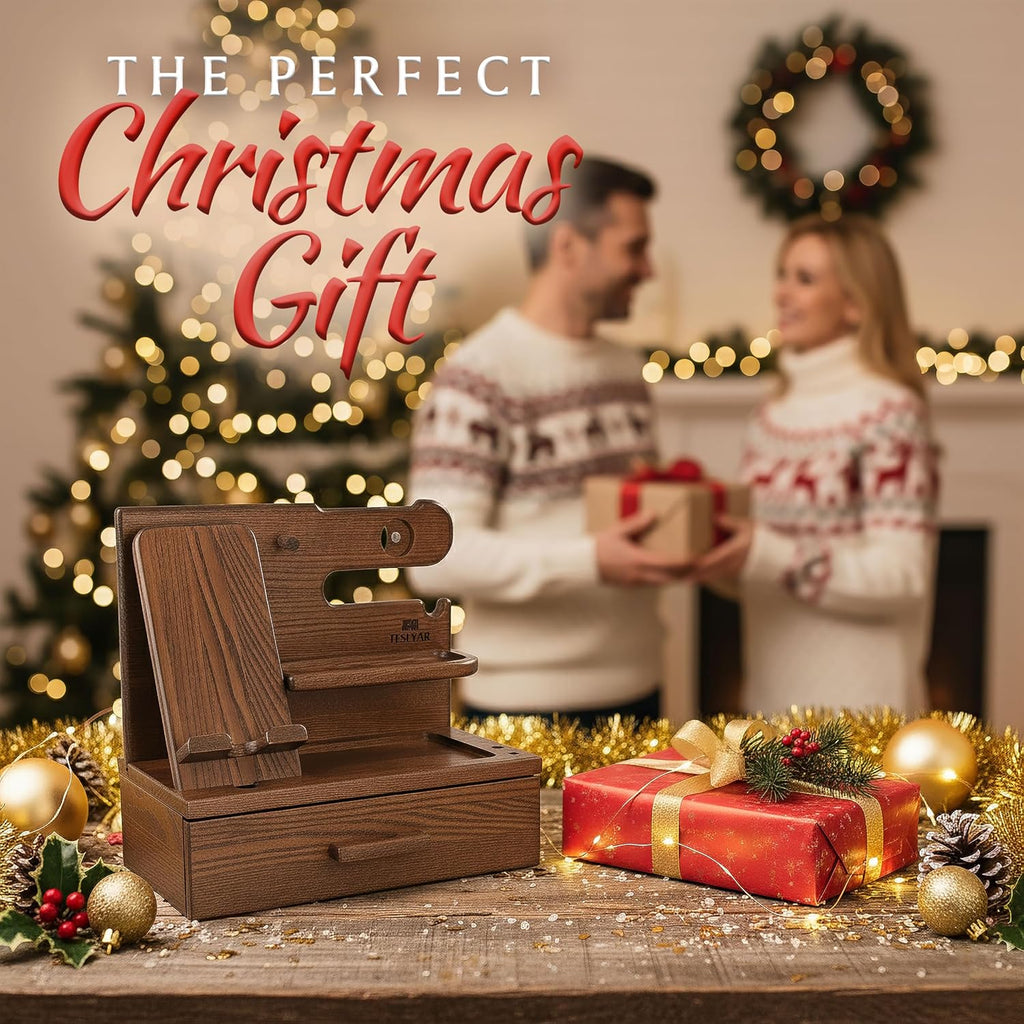 TESLYAR Wood Phone Docking Station with Drawer - Nightstand Organizer - Desk Organizer for Husband - Birthday Gifts for Men, Dad, Anniversary Idea, Key Holder Stand Watch & Accessories (Bourbon Brown)