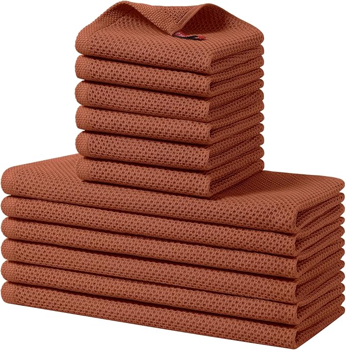 Homaxy 100% Cotton Kitchen Towels and Dishcloths Set, 12 x 12 Inches and 13 x 28 Inches, Set of 12 Bulk Kitchen Towels Set, Ultra Soft Absorbent Dish Cloths for Washing Dishes, Rust
