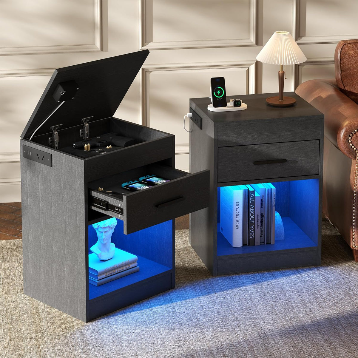 Auromie Set of 2 Nightstand with Charging Station and LED Lights, Bedside Table with Hidden Compartment for Valuables Storage, Concealment Furniture with Lock Cabinet and Power Outlets(Black- 2pcs)