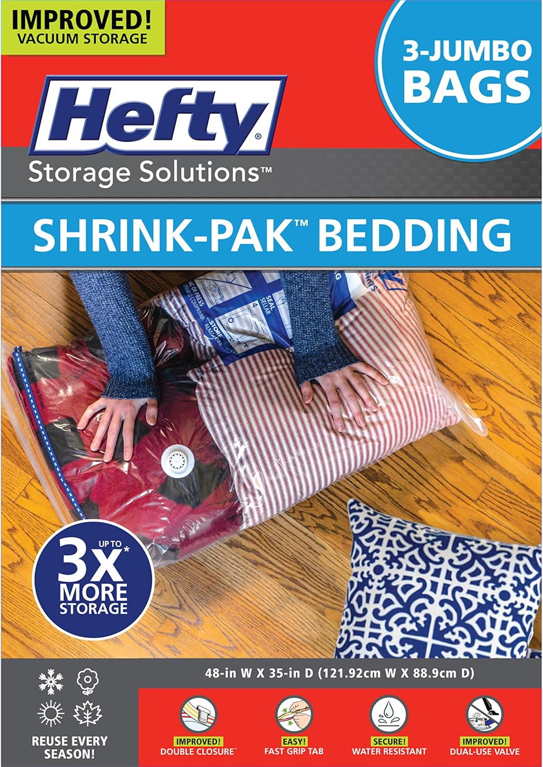 Shrink-Pak Space Bags Vacuum Storage Bags for Bedding Jumbo Compression 3 Pack Clear for Comforters Blankets (3 Jumbo/Bedding Solo)