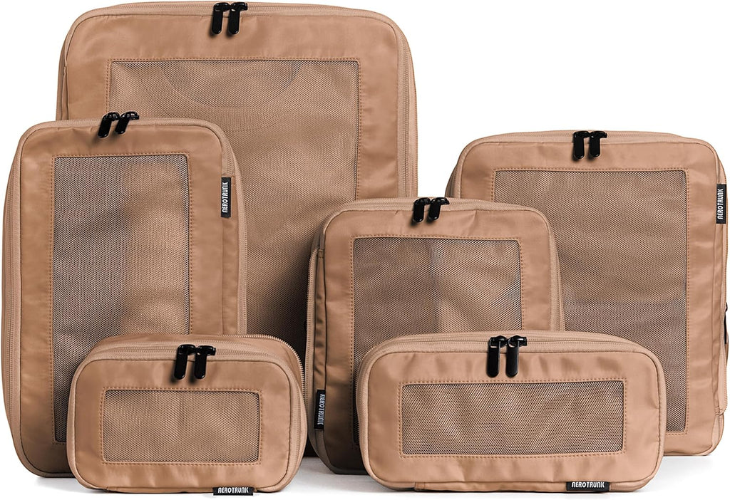 Aerotrunk Compression Packing Cubes for Travel - Luggage Organizer Bags - Double Zipper Packing Cubes for Suitcases (6-Pack, Mocha)