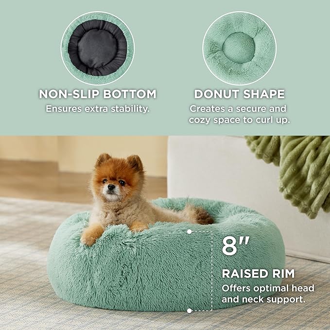 Bedsure Calming Dog Bed for Small Dogs - Donut Washable Small Pet Bed, 23 inches Anti-Slip Round Fluffy Plush Faux Fur Large Cat Bed, Fits up to 25 lbs Pets, Apple Green