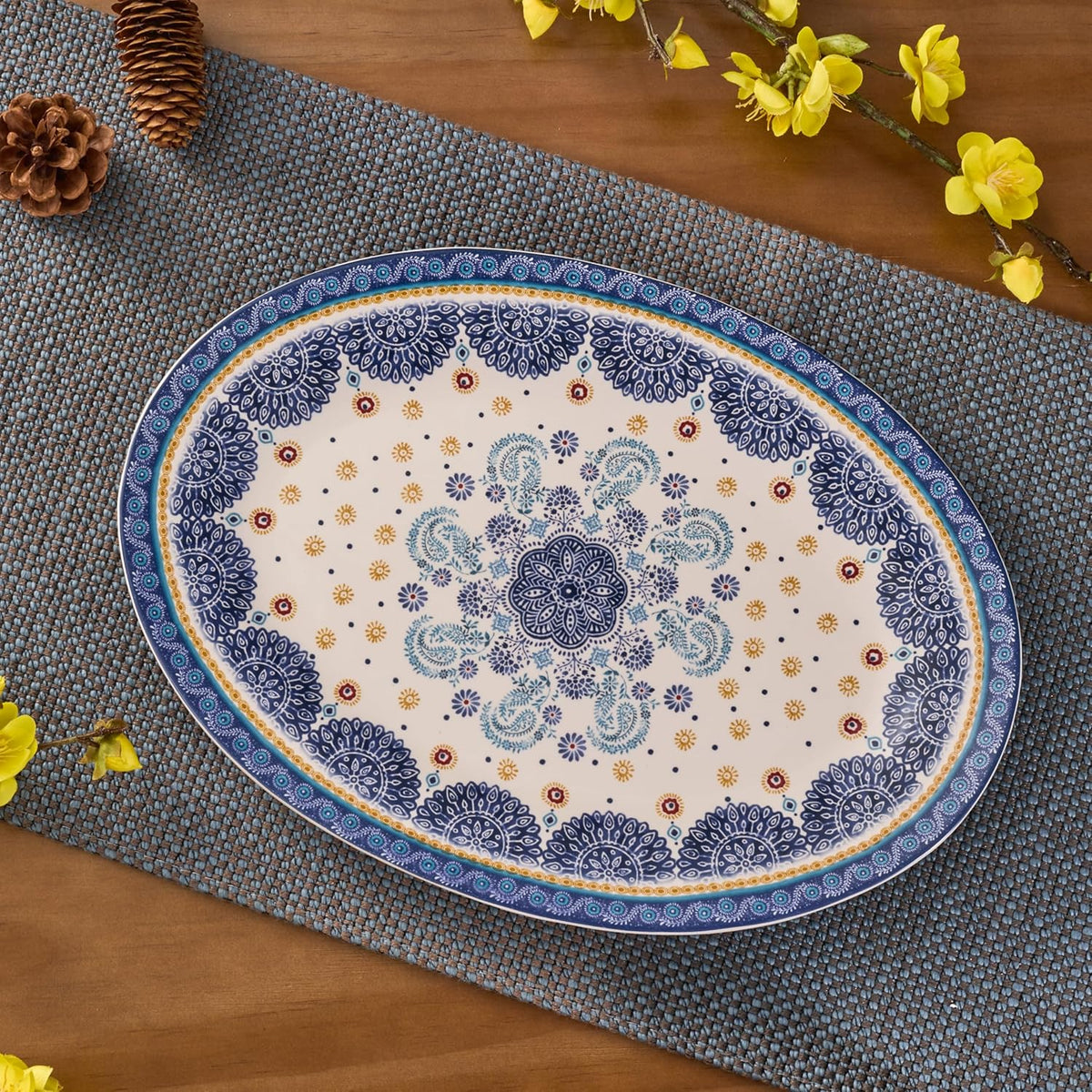 Bico Blue Talavera 16 plus 14 inch Oval Platters Set, Set of 2, Microwave and Dishwasher Safe, for Serving Fish, Chicken, Turkey