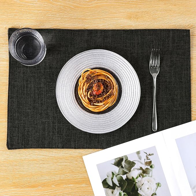 SHACOS Washable Woven Fabric Placemats Set of 6 Heat Resistant Place Mats Non Slip Thick Cloth Placemats Reversible Table Mats Indoor Outdoor Home Wedding Table Decor, Black