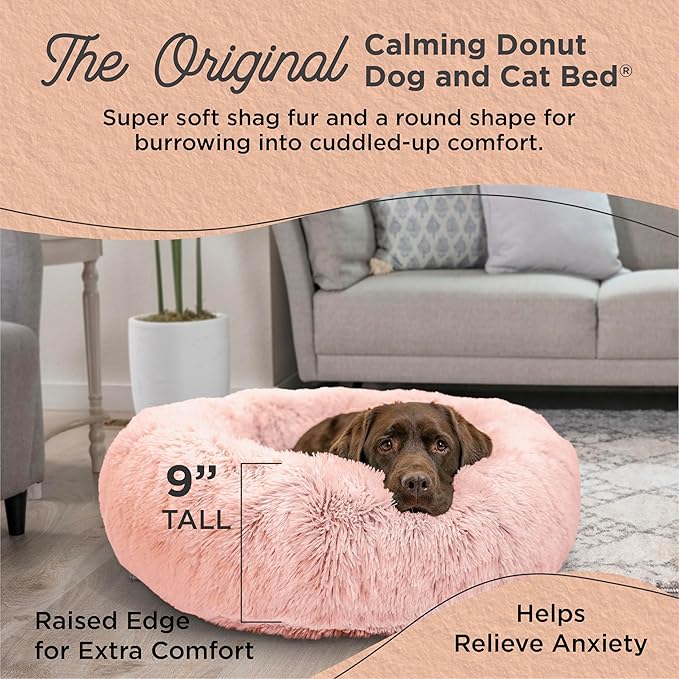 Best Friends by Sheri Original Calming Donut Dog and Cat Bed, Shag Faux Fur, Cotton Candy Pink, (36in x 36in) - Anxiety Relief for Pets Up to 100 lbs