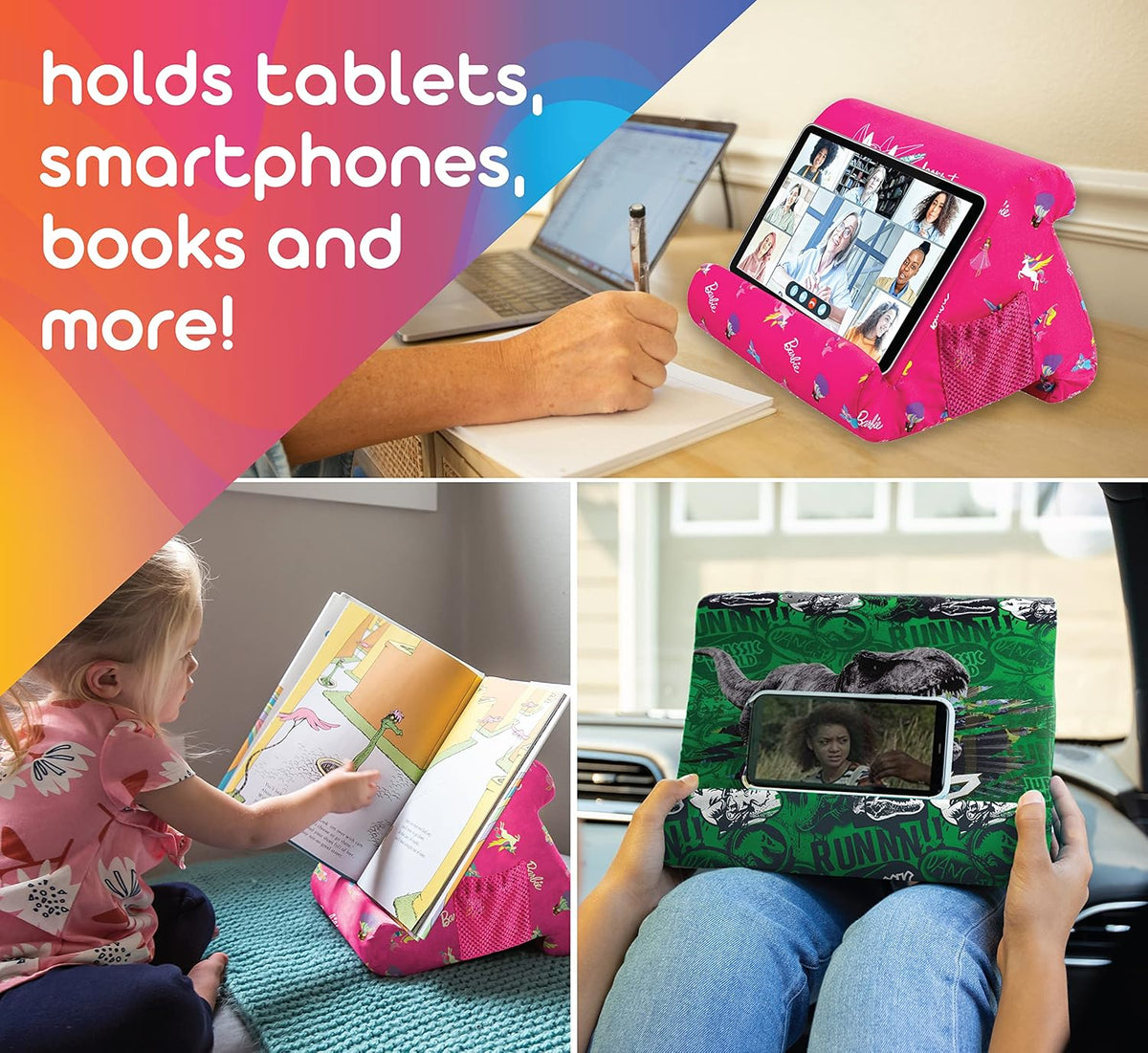 Flippy Original Tablet Pillow Stand & iPad Holder, Gift for Book Lovers & Readers, Multi-Angle Stand with Storage for Lap, Desk & Bed, Compatible with Kindle, Fire, iPad & Samsung, Barbie