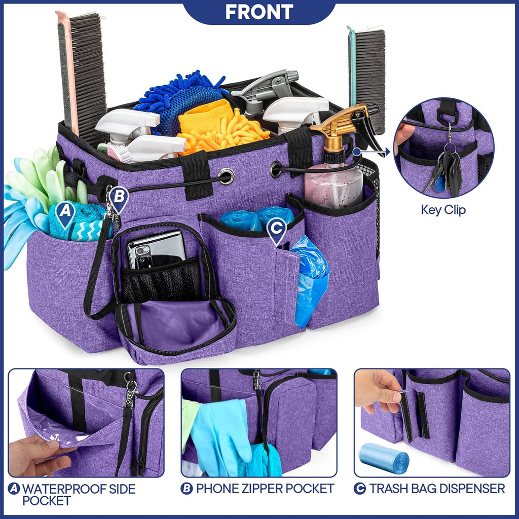 LoDrid Large Professional Cleaning Caddy with Detachable Divider, Supply Organizer with Handle and Shoulder Strap, Cleaning Bags for Housekeepers & Cleaners, Purple