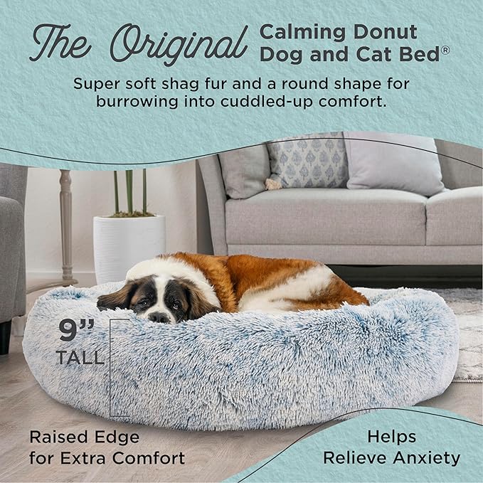 Best Friends by Sheri Original Calming Donut Dog and Cat Bed, Shag Faux Fur, Denim Blue, XL (45in x 45in) - Anxiety Relief for Pets Up to 150 lbs