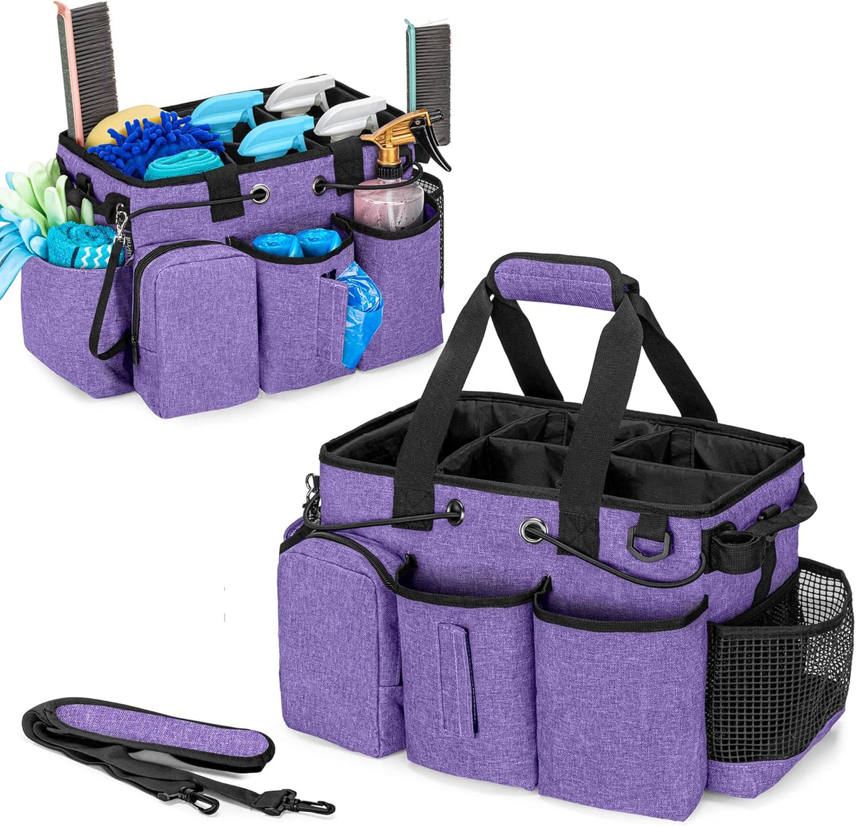LoDrid Large Professional Cleaning Caddy with Detachable Divider, Supply Organizer with Handle and Shoulder Strap, Cleaning Bags for Housekeepers & Cleaners, Purple