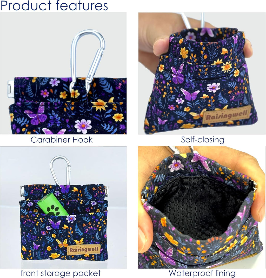 Dog Treat Pouch, Pocket Sized Pet Training Pouch, Cotton Fabric, Hand Free Purple Flower Dog Walking Bag with Carabiner, Self-Closing Pet Feed Snack Reward, for Puppy Travel or Outdoor Use