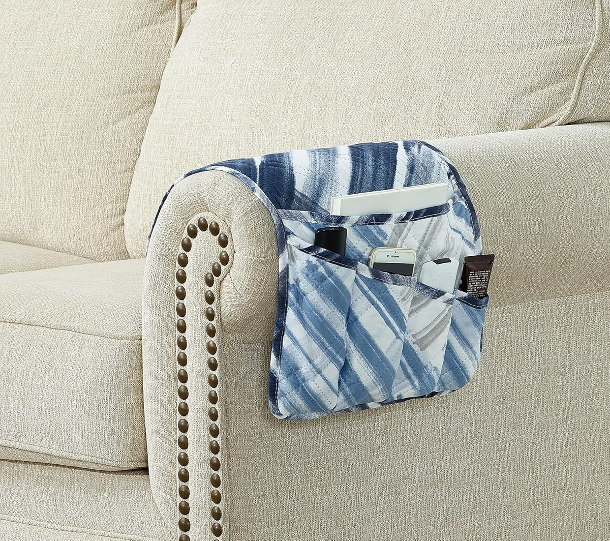 Brilliant Sunshine Blue Grey Stripes Patchwork Couch Armrest 5 Pockets Organizer, Slip Resistant Recliner Armchair Caddy, Washable Remote Controls Holder, Storage for Magazine, Tablet, iPad, Blue Grey