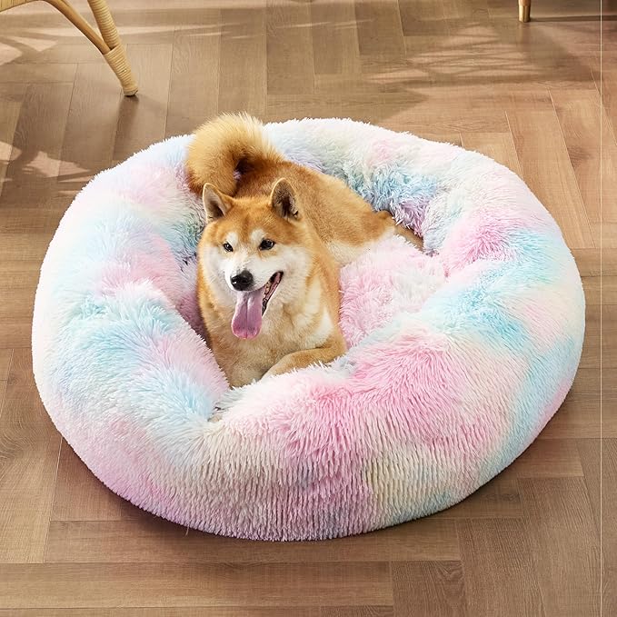 Bedsure Calming Dog Bed for Medium Dogs - Donut Washable Medium Pet Bed, Anti-Slip Round Fluffy Plush Faux Fur Cat Bed, Fits up to 45 lbs Pets, Multi-Colored, 30 inches