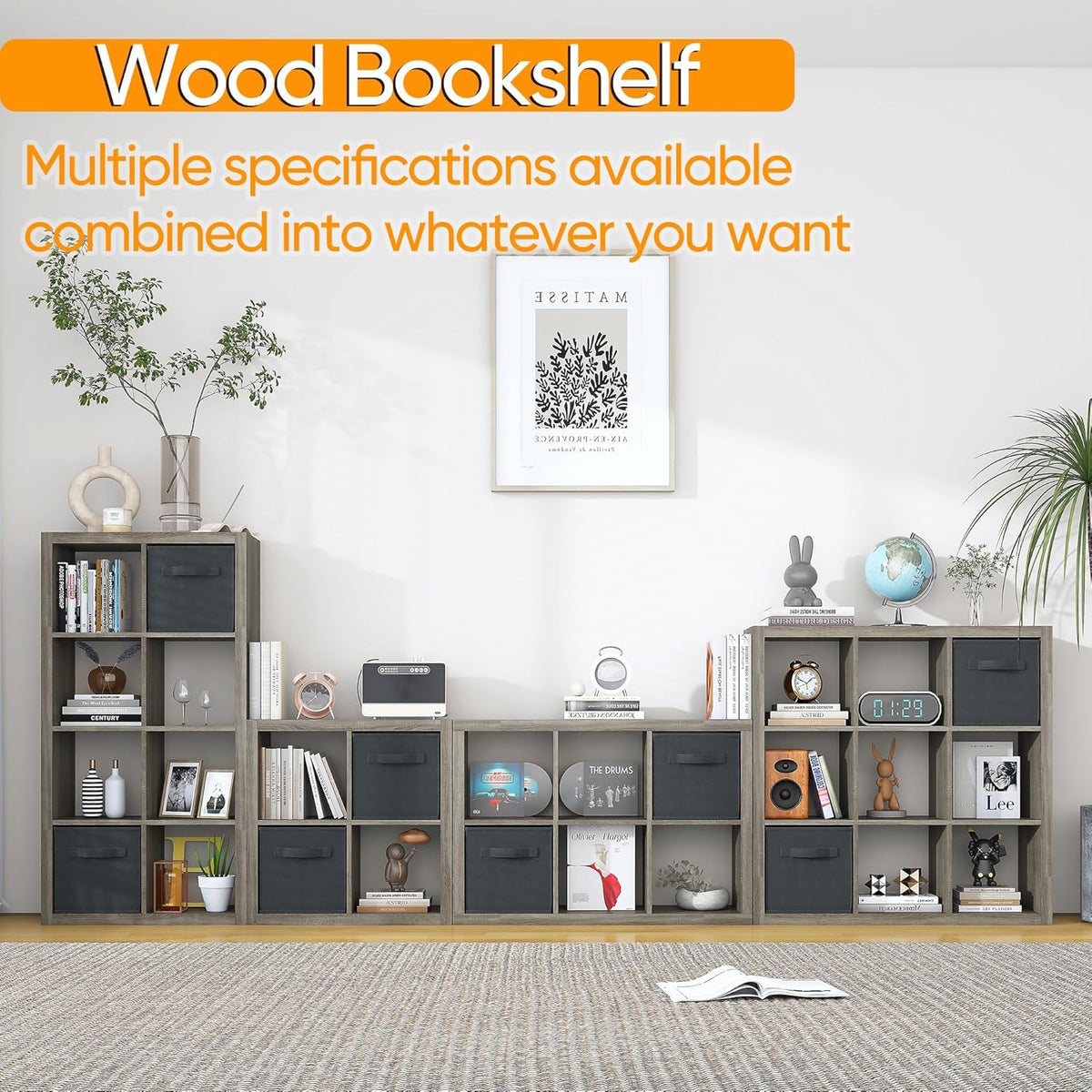 furtble Bookshelf with Storage Bins, 12-Cube Storage Organizer, Modern Wood Open Bookcase, Multifunctional Display Shelf for Living Room, Bedroom, Home Office, Gray Oak