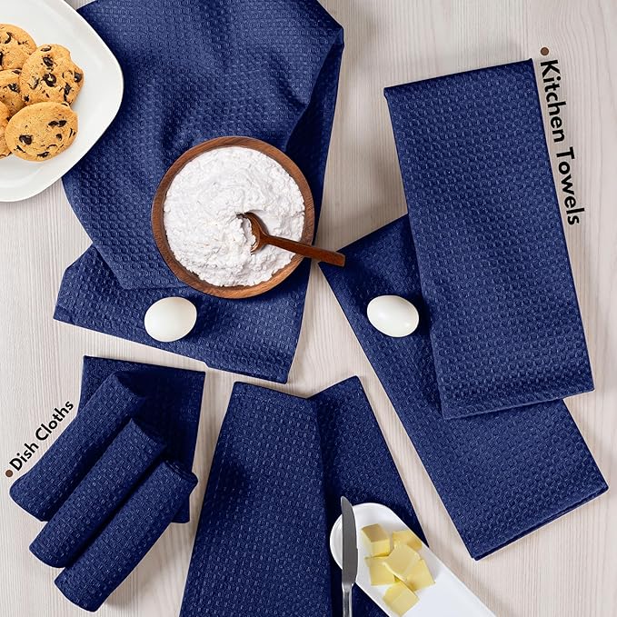 Native Fab 8-Piece Kitchen Towel Set, Includes 4 Dish Towels (16"x26") & 4 Dish Cloths (12"x12"), 100% Cotton, Absorbent & Durable, Ideal for Home & Kitchen Use - Indigo Blue