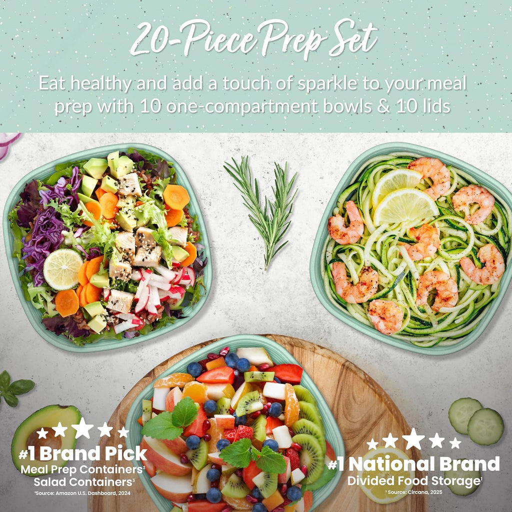 Bentgo Prep - 1-Compartment Bowls with Custom Fit Lids - Reusable, Microwaveable, Durable, PFAS & BPA-Free, Freezer and Dishwasher Safe Meal Prep Food Storage - 10 Bowls & 10 Lids (Sage Leaf Glitter)