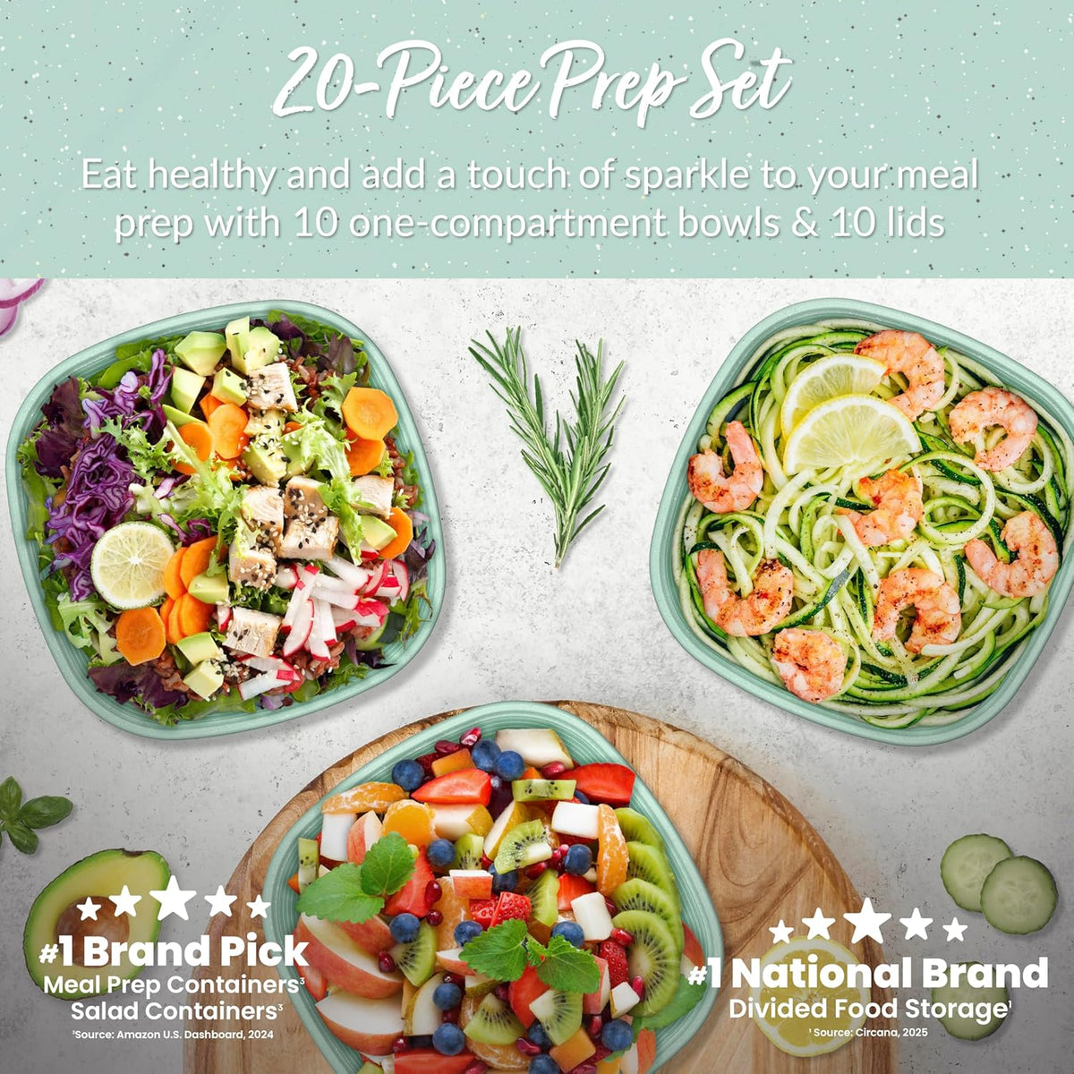 Bentgo Prep - 1-Compartment Bowls with Custom Fit Lids - Reusable, Microwaveable, Durable, PFAS & BPA-Free, Freezer and Dishwasher Safe Meal Prep Food Storage - 10 Bowls & 10 Lids (Sage Leaf Glitter)