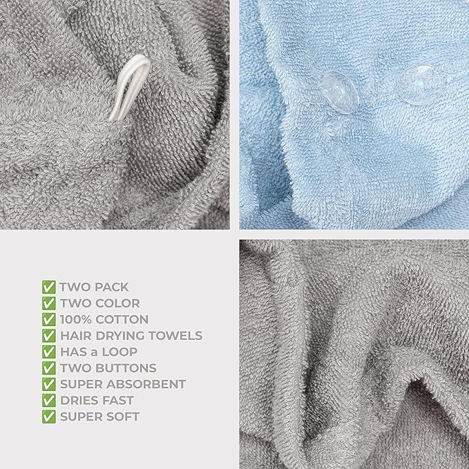 American Soft Linen 100% Cotton Hair Towels for Women, Head Towel Cap, Cotton Hair Turban Towel Wrap, Soft and Absorbent 2 Pack, Light Gray-Sky Blue