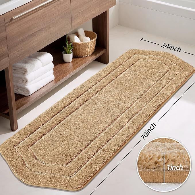 COSY HOMEER Bathroom Rugs Mat 24”x70” Absorbent Non-Slip Bath Mat, Plush Shaggy Bathroom Runner, Machine Washable Large Soft Bath Mats for Bath Floor,Tub and Shower,Beige
