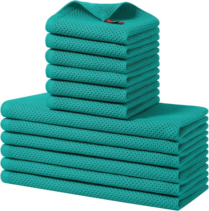 Homaxy 100% Cotton Kitchen Towels and Dishcloths Set, 12 x 12 Inches and 13 x 28 Inches, Set of 12 Bulk Kitchen Towels Set, Ultra Soft Absorbent Dish Cloths for Washing Dishes, Teal