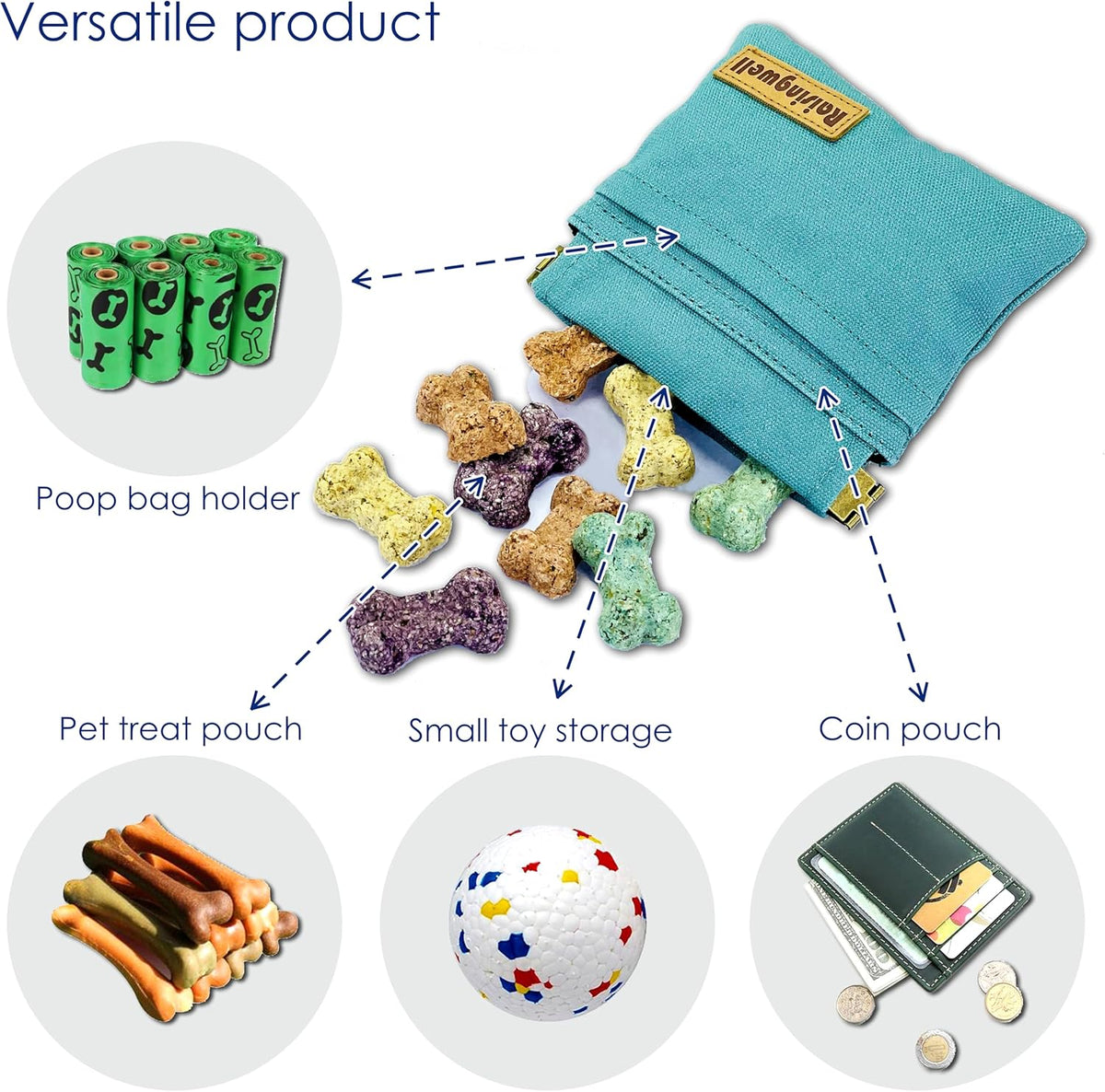 Dog Treat Pouch, Green Pocket Sized Pet Training Pouch, Cotton Fabric, Hand Free Dog Walking Bag with Carabiner, Self-Closing Pet Feed Snack Reward, for Puppy Travel or Outdoor Use
