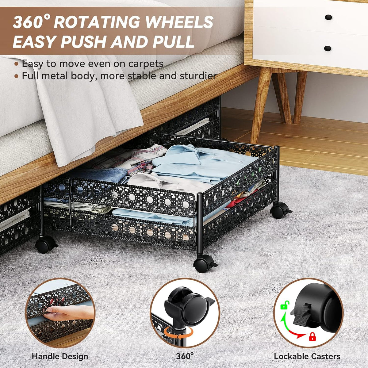 Under Bed Storage Containers with Wheels - Shoe Storage Organizer Drawer, Tool-free Assembly Metal Underbed Storage Containers for Bedroom Clothes, Shoes, Blankets - 2 Pack